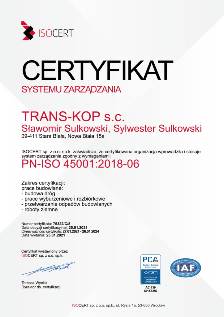 Certyfikat ISO 45001:2018 Trans-kop