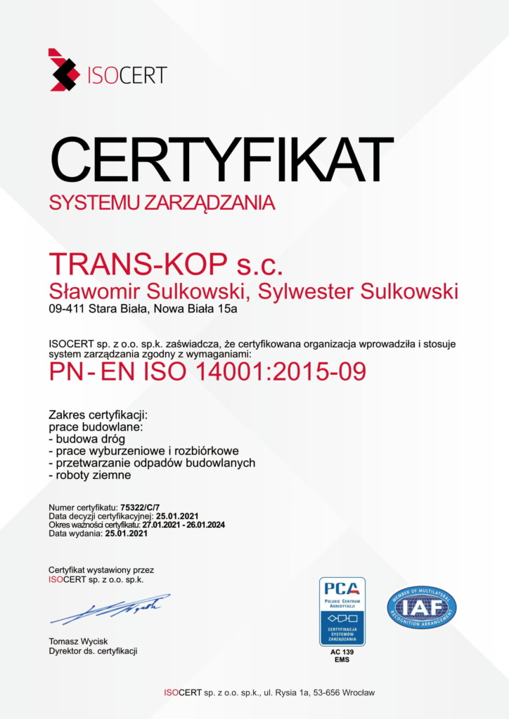 Certyfikat ISO 14001:2015 Trans-kop
